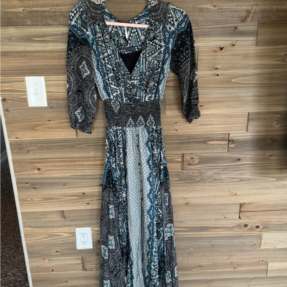 Free people Mexicali Elegant Black and Blue Patterned Women's Dress size XS